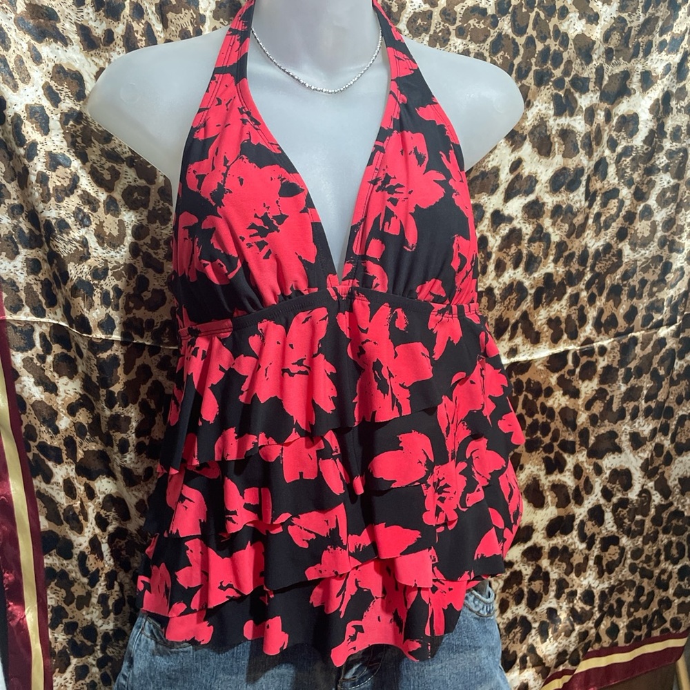 Aqua Green Red Sleeveless Halter Tiered Tank Top